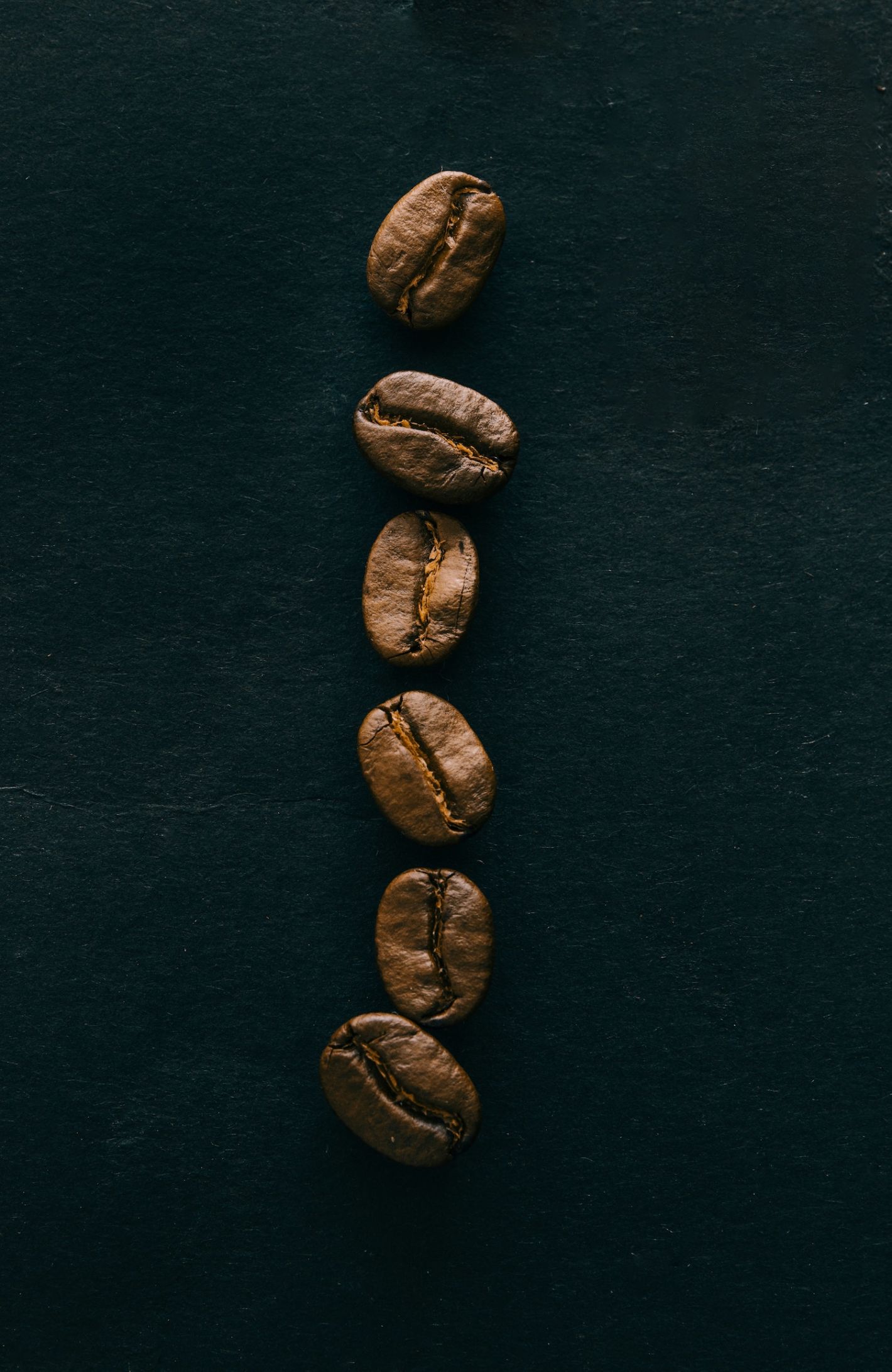 rijtje verticaal met gebrande koffiebonen op zwarte achtergrond