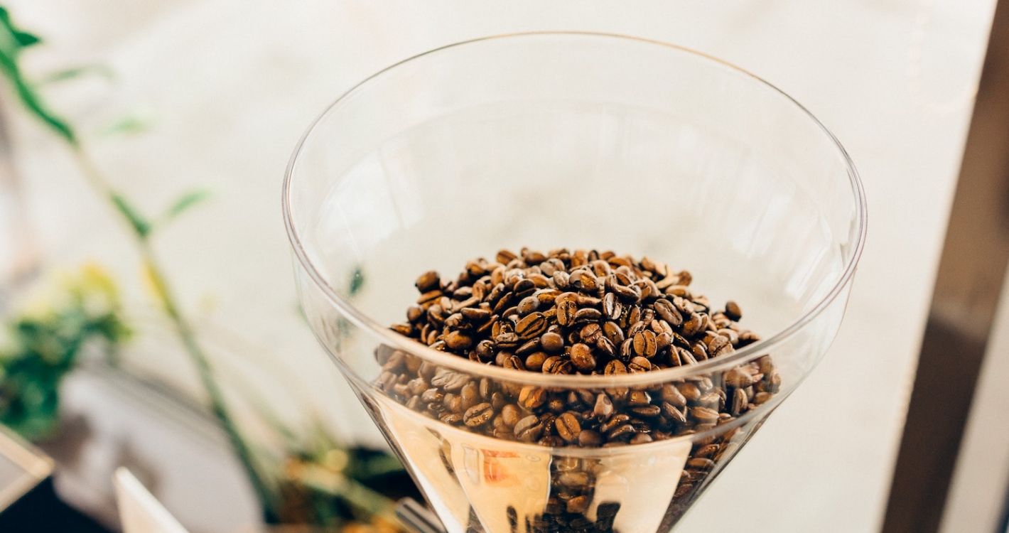 koffiefilter van bovenaf plant in de achtergrond