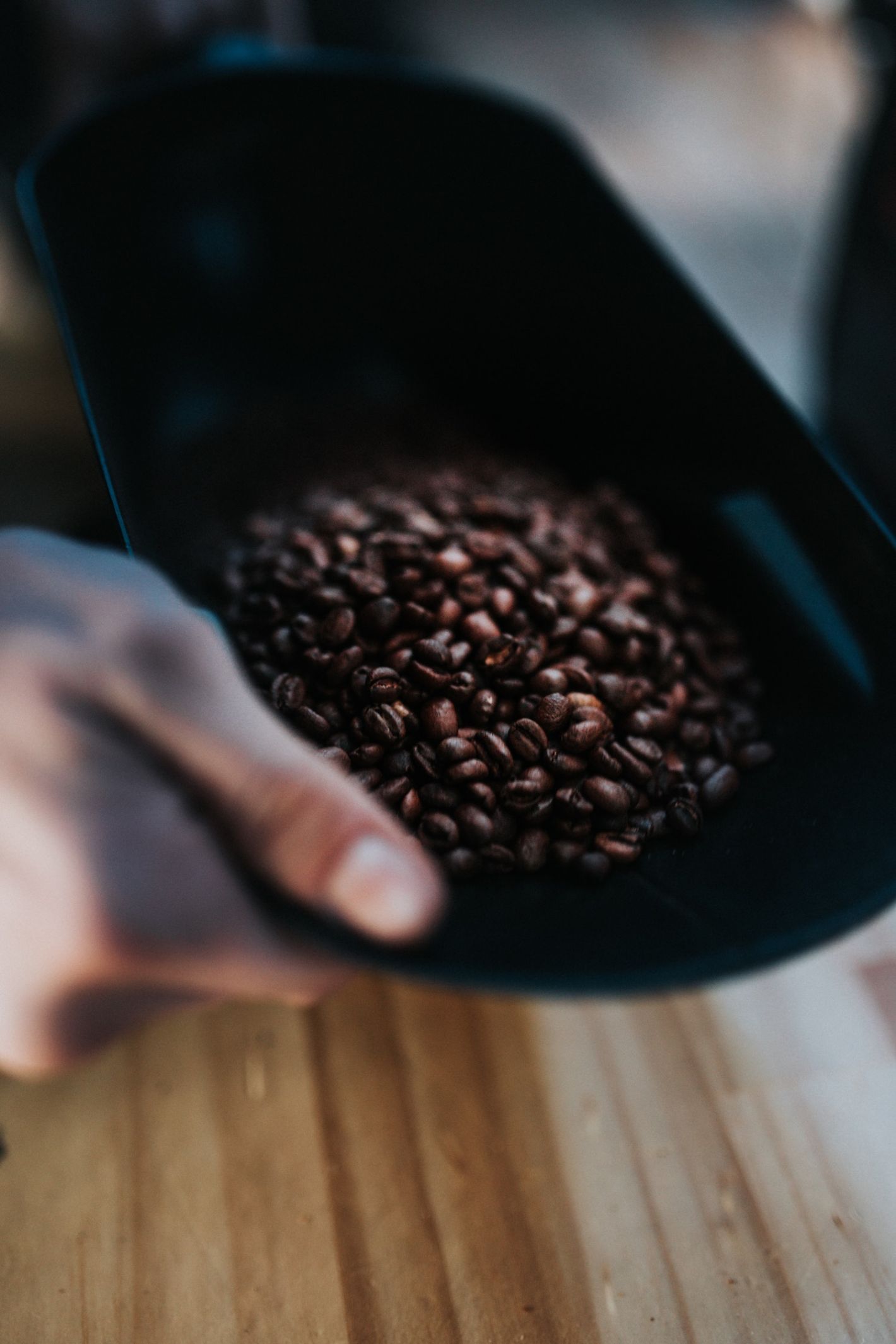 hand die schep met koffiebonen vasthoudt